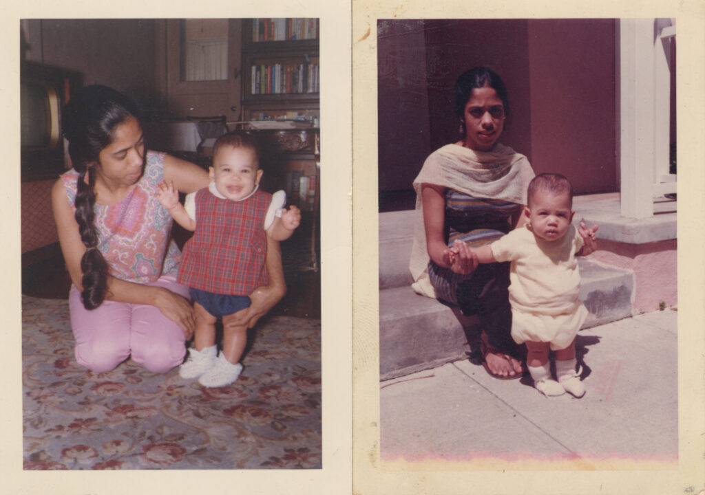 Two side-by-side photos of a young Kamala Harris with her mother, Shyamala. On the left, Shyamala smiles while holding Kamala as a baby standing on a patterned rug indoors. On the right, Shyamala sits on outdoor steps, holding Kamala's hands as she stands in a yellow outfit.