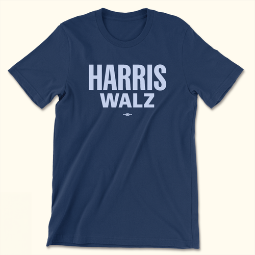 Navy unisex tee that reads Harris Walz in light blue ink