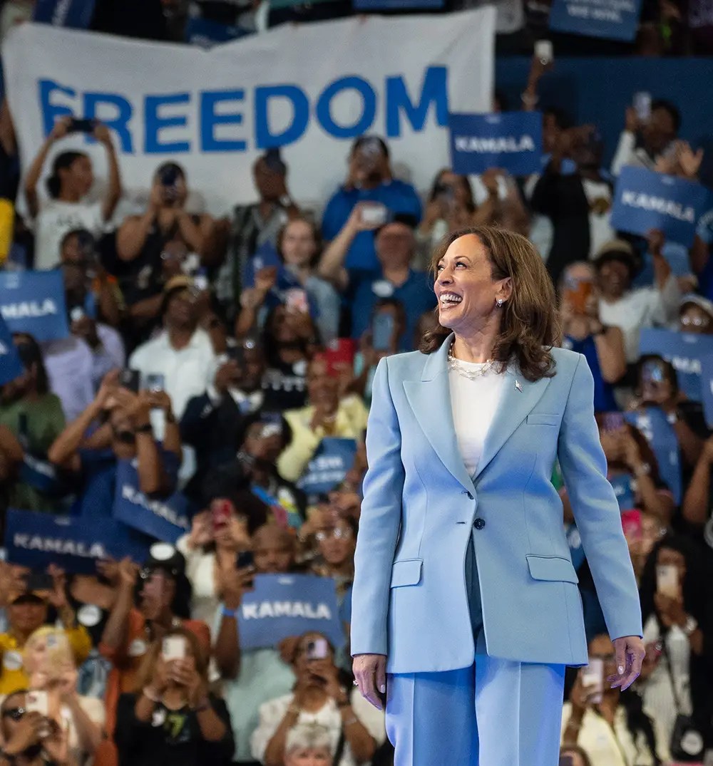 Vice President Harris excited in front of a large crowd of supporters