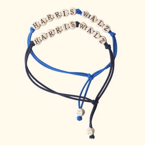 Two beaded bracelets that spell out "Harris Walz" on blue and black string that is closed off by a bead with the number "24".