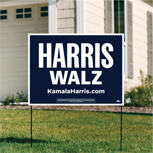 Navy yard sign that reads in white text Harris Walz with KamalaHarris.com