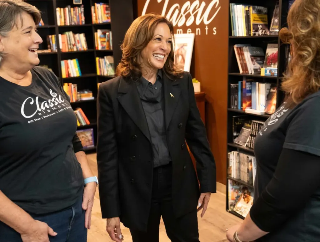 Vice President Harris speaks with two women in a bookstore